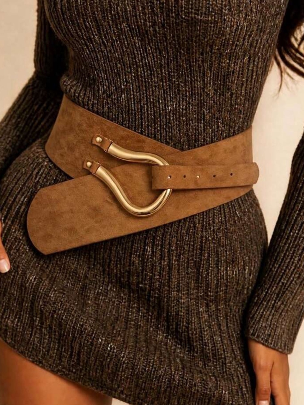 Wide Brown Suede Waist Belt with Gold Buckle